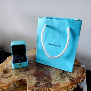 Tiffany and Co. blue paper bag and ring box. Perfect for storage.